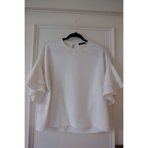 BLVD White Roundneck Ruffle Sleeve Top